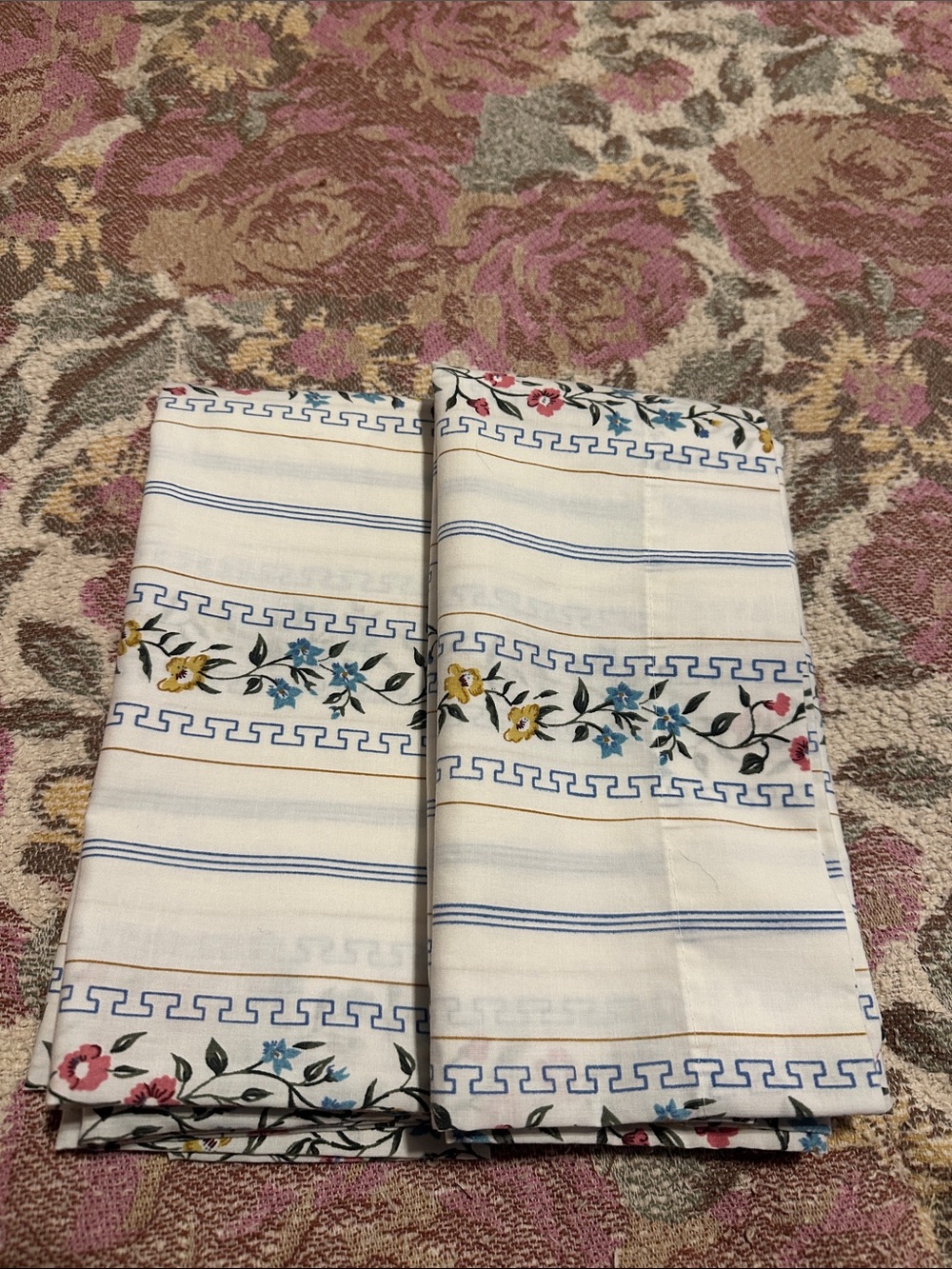 Vintage Floral Stripe Cotton Pillowcases in White with Multicolor Floral Trim